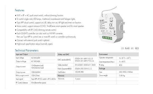 Interruptor inteligente WiFi y RF SS-L control remoto Tuya para luz LED 15A 4