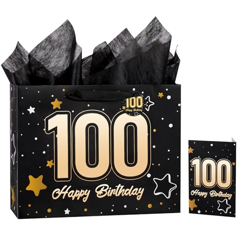 Image of Powbrace 13 inch Black 100th Birthday Gift Bag with Tissue Paper and Greeting Card for Party,Happy Birthday Gift Bag for Men Women,Gift Bags Medium size(1 Black 100th)
