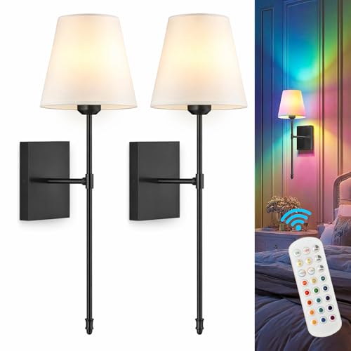 Image of Rechargeable Battery Operated Wall Sconces Set of 2, Black Wireless Fabric Shade Wall Sconce with Remote Control, Dimmable RGB Color Changing Wall Lamp for Bedroom Living Room Hallway, 20.47 inch Tall