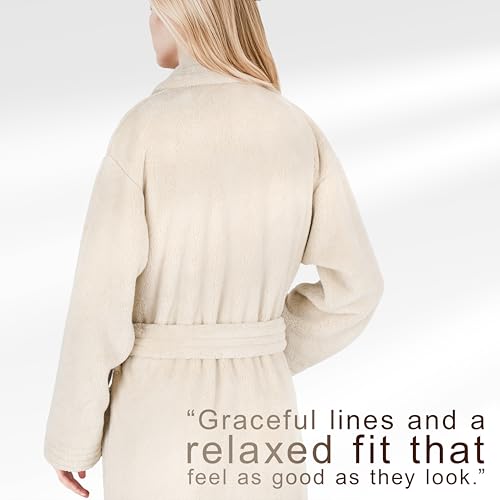 Image of American Soft Linen Women's Fleece Bathrobe - Luxury Soft, Plush, Fuzzy & Warm Turkish Robe for Women, Cozy Spa Quality Adult Bathroom Lounge Robe, Beige M