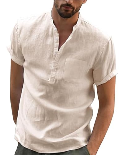 JESDM Herren Hemd Kurzarm Herren Baumwolle Leinen Kurzarm Henley Hemd Sommer Leicht Banded Collar Strand Tops Khaki L