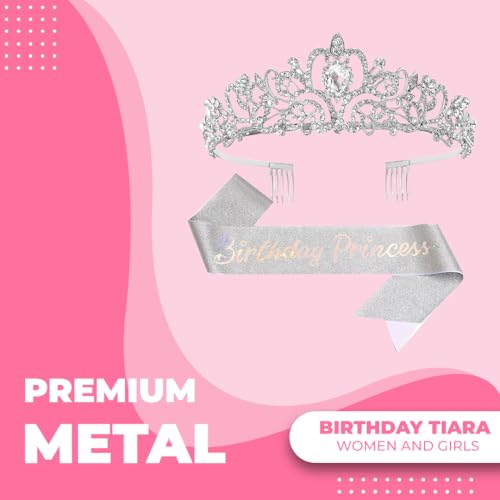 Birthday Tiara and Crown with Sash for Women, Hair Accessories for Wedding Party Costume (C- Silver)