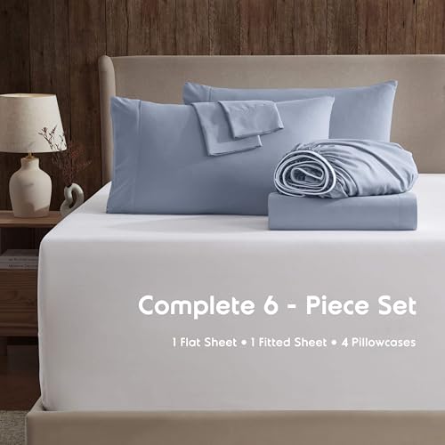 Image of Nestl Extra Deep Full Sheet Set - 6 Piece Breathable & Cooling Sheets - Hotel Luxury Bedding Set w /18-24 Inch Deep Pockets - Easy & Secure Fit - Super Soft, Wrinkle Free & Comfy - Stone Blue