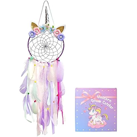 LED Lighted Up Unicorn Dream Catcher Wall Decor Colorful Feather Dreamcather Wall Hanging for Girls Kids Bedroom Decoration (Purple with Light) Cover