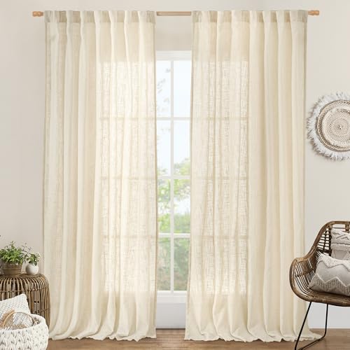 LAMIT 95 Inch Long Linen Curtains for Living Room 2 Panels Set, Light Filtering Semi Sheer Panels Back Tab and Rod Pocket Neutral Curtains for Bedroom/Sliding Glass Door, Beige, 60 x 95 Inch
