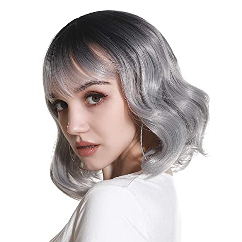 Grey Gray Short Curly Colored Bob Wig with Bangs Ombre Dark Root Cheap Synthetic For Black White Women Bouncy Natural Looking Real Soft Heat Friendly Fiber Cospaly SARLA SW168&Grey with Dark Root
