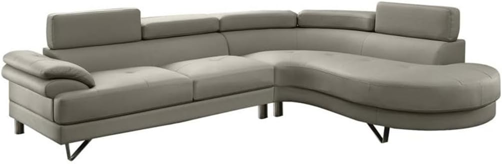 Sectional Sofa 2PCS Set Grey Faux Leather with Flip-up Headrest for Living Room Comfortable Large Sofa Leisure Soft Couch