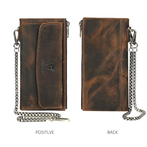 Image of Genuine Crazy Horse Leather Travel Gift Coin Pocket Card Case Long Organizer Chain Rfid Wallet Purse With Snap For Men Male 1803 1815 (6032 brown)