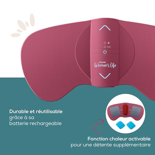 Beurer EM 50 Menstrual Relax, pour les douleurs menstruelles et les douleurs liées à l'endométriose, système TENS et fonction thermique, avec batterie rechargeable, rouge rose