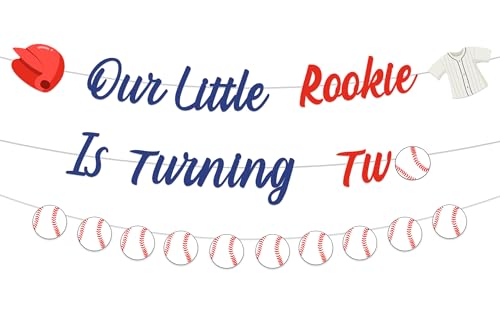Image of Cheereveal Baseball 2nd Birthday Party Decorations, Our Little Rookie is Turning Two Banner, Blue Red Baseball Garland, Sports Theme 2nd Birthday Party Supplies