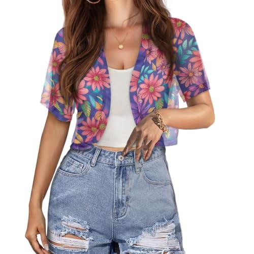 Image of Womens Short Sleeve Cardigans Lightweight Summer Cardigan Trendy Bolero Shrug Cute Floral Cardigan Sheer Bolero