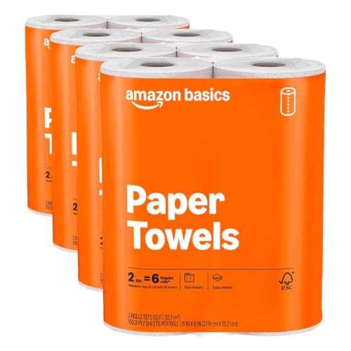 Image of Amazon Basics 2-Ply Flex-Sheets Paper Towels, 8-Pack, 150 Sheets per Roll, 2 Basics Rolls : 6 Regular Rolls, for Everyday Use, Spills and Messes