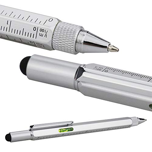 Hetaocat Gifts Multi Tech Tool Pen 6 In 1 Stylus Pen - Screwdriver Pen With Ruler, Levelgauge, Ballpoint Pen Black Ink (Silver) #TOP4