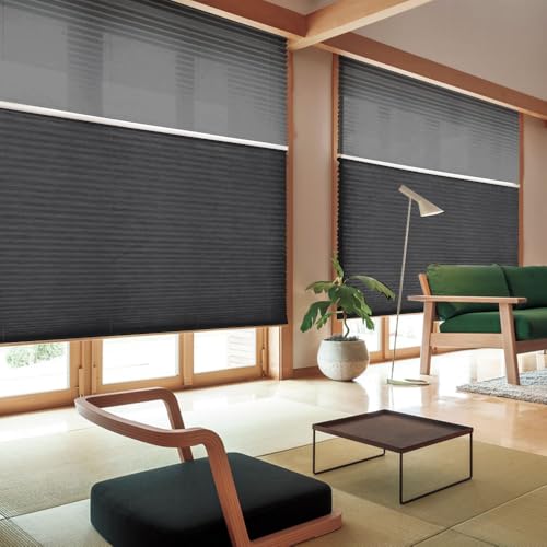 Zshine Motorized Day Night Dual Cellular Shades Honeycomb 38mm Fabric Window Shades Custom Made Size (Blackout 93023E Black)