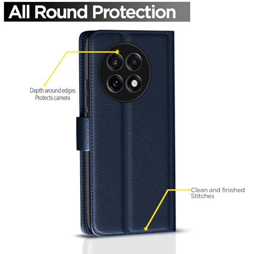 Image of Pikkme Flip Cover Leather Finish | Inside TPU with Card Pockets | Wallet Stand and Shock Proof | Complete Protection Button Flip Case for OnePlus 13R 5G(Blue)