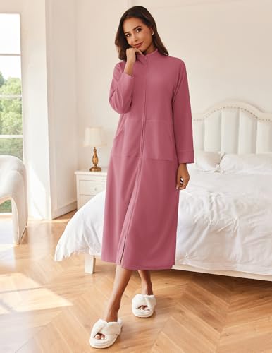 Image of Ekouaer Women Zipper Robe Long Sleeves House Coat Soft Bathrobe Sleepwear with Pockets Housecoat Loungewear Red Small
