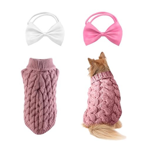 1 Haustierpullover, 2 Haustierfliegen, Warmer Wintermantel für Haustiere, Pullover, Rollkragenpullover, geeignet für Katzen und Hunde (M, rosa)