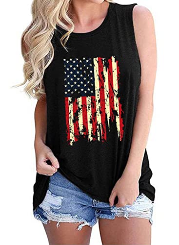 Camiseta sin mangas con la bandera americana para mujer, camiseta patriótica sin mangas, camiseta con la bandera de Estados Unidos del 4 de julio, negro (Flag Black), X-Large Cover