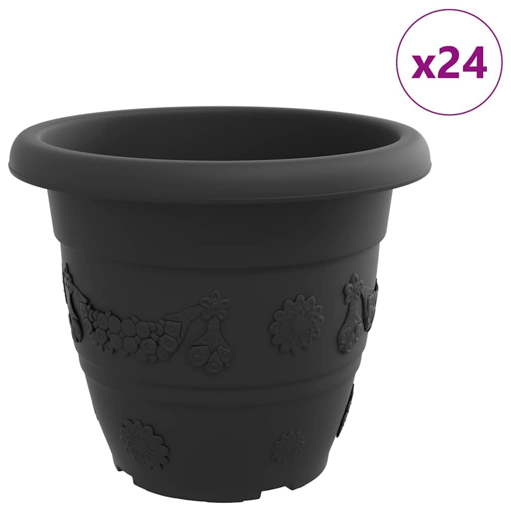 Okrągły wazon na kwiaty 24 szt. Czarny Plastik 39 x 32 cm | Rolowana krawędź, dolne otwory drenażowe, lekkie, łatwe do czyszczenia, do użytku wewnątrz i na zewnątrz