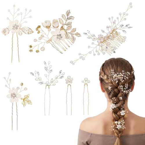 WSXQAZ 7 Pcs Accessoires Cheveux Mariage avec Strass et Perles, Peignes à Cheveuxx, Bijoux Cheveuxx, Peigne Cheveux Mariage pour Femmes et Filles