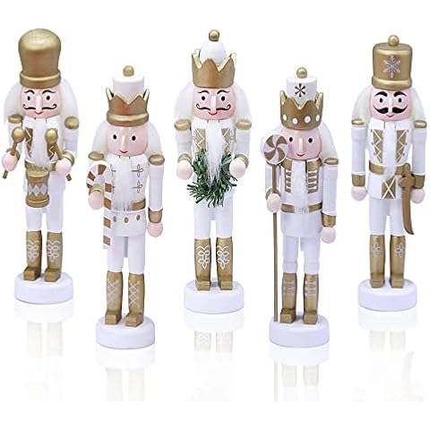 Jolik 5 PCS Christmas Nutcracker Ornament Set, Nutcracker Figures with Opening Mouths Christmas Decorations for Xmas Tree, Table Decor (White Gold, 5.3'', Set of 5pcs) Cover