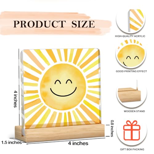 Image of Sunshine gifts Inspirational Sun Sunshine Acrylic Sign Desk Decor, Pop Smiles Rustic Farmhouse Wooden Block Sign Decorations for Home Office Girls Dorm Room Nursery Playroom Wall Tabletop Shelf Decor