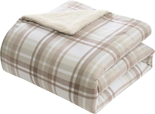 VCNY Home 3-Piece King-Size Bedding Set - Comforter & Pillow Shams | Cotton Flannel & Sherpa Fabric | Cozy, Classic Bedroom Decor | Cold Weather or Winter Bedding | Thick, Heavy & Warm | Plaid Taupe by VCNY Home - Image 3