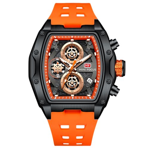 Image of MINI FOCUS Men's Chronograph Watch With Silicone Strap & Skeleton Dial & Rose Gold Accents | Quartz Movement, (Chronograph /Waterproof /Luminous /Calendar) Square Case Wrist Watch For Sports & Outdoor Styling (MF0473G)