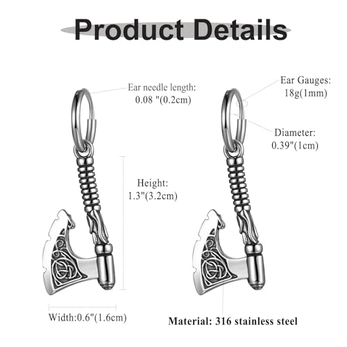 Pendientes de hacha vikinga Aroncent de acero inoxidable negro para hombre y mujer 4