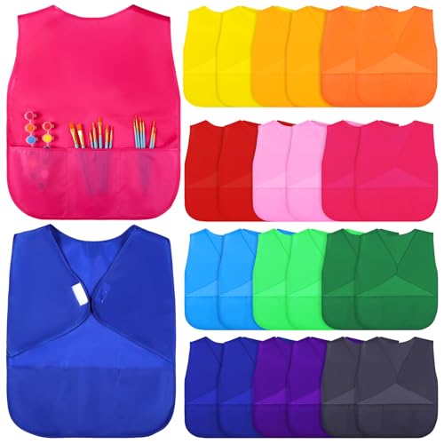 Baggyfly 24 Pcs Kids Art Smocks Waterproof Painting Smocks With 3 Pockets Sleeveless Toddler Art Smocks Bulk Child Art Aprons Arts Supplies For Kids 3-8 Years cover