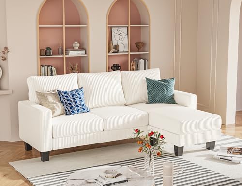 Homall Sofa for Living Room, Couch with Convertible Chaise, 3 Seat L-Shaped Sofas, Comfy Corduroy Couches for Apartment, Small Space, Cream