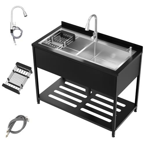 Image of Stainless Steel Utility Sink,47.6 inch x 24.1 inch x 36.6 inch,2 Compartment Sink Freestanding Commercial Sink,with Cold and Hot Water Faucet,Hoses and Drain Kit,Freestanding Sink for Kitchens, Bathrooms