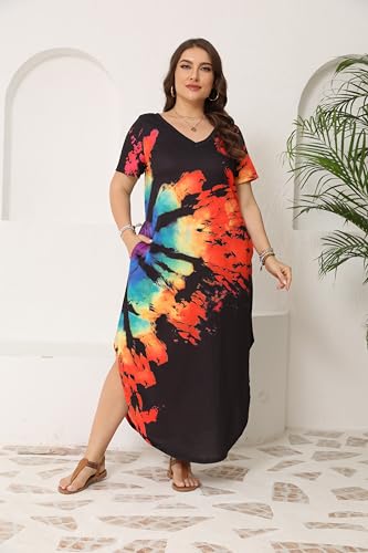 Image of Women's Plus Size Maxi Dresses V Neck Casual Short Sleeve Loose Pocket Slits Long Dress XL-5XL