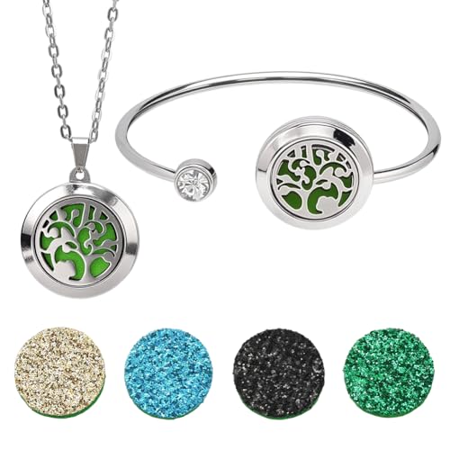 SUNNYCLUE Collier et Bracelet D'Huiles Essentielles Ensemble de Bijoux Diffuseurs D'Huiles Essentielles 1 tampons de Recharge Bracelet en Acier Inoxydable avec...