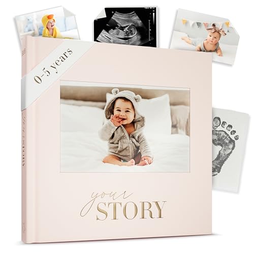 Image of Baby Memory Book – Cream Fabric Baby Journal for Boys or Girls | Keepsake Scrapbook & Photo Album from Birth to Age 5 | Newborn Gift for Baby Shower or New Parents