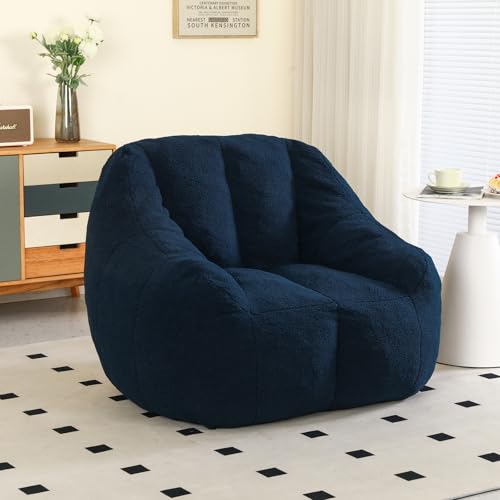 COCONINO WJ Beanbag Chair, Filled Bean Bag Chairs, Stuffed Bean Bag Chair with Filler, Beanbag Chairs with Filling for Living Room (Teddy Fabric in Dark Blue, 33.9