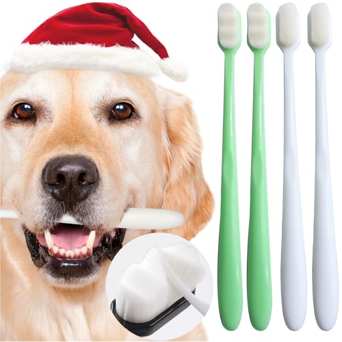MoonyMars Dog Toothbrush Kit 4 Pack, Ultra Soft Dog Tooth Brush for Medium to Large Dogs & Cats, Pet Tooth Brushing Kit for Easy Dental Cleaning, Soft Bristles, 2 Green Wave Head & 2 White Flat Head