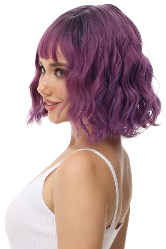 Image of Rose bud Wavy Bob Wig with Bangs Natural Ombre Purple Wig Synthetic Hair Shoulder Length Short Curly Wigs for Women