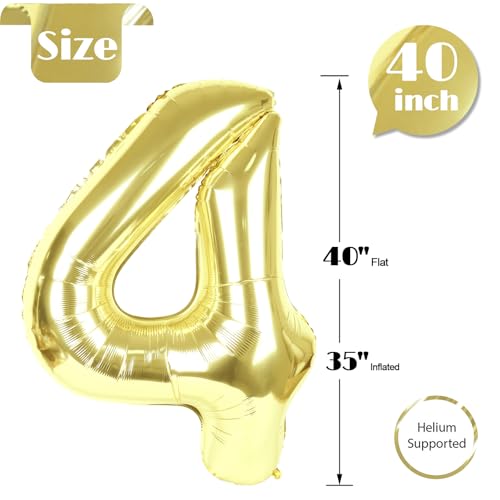 Image of Light Gold Number 4 Balloon 40 Inch, 4th Birthday Party Decorations, Giant 4 Foil Balloon for Party Supplies