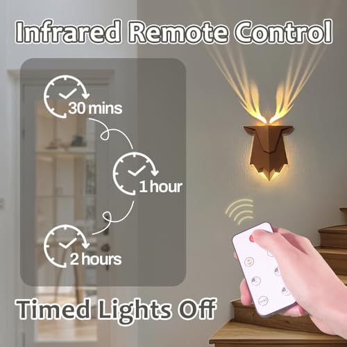 Image of Deer Shadow Lamp, Deer Antler Shadow Wall Lamp with Remote Control, Nail-Free Wall-Mounted Night Light for Bedroom, Living Room, Hallway, Battery Powered and Removable Rechargeable
