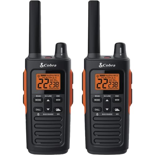 Cobra RX680 Walkie Talkies (2-Pack) – Rugged & Splashproof Two Way Radios Long Range, IP54 Water Resistant Design, 60 Pre-Programmed Channels, Weather Alerts, Included Charging Dock (Black/Orange)