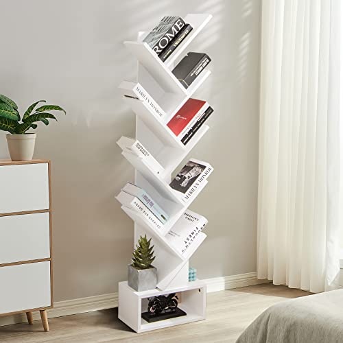 COSTWAY Tree Bookshelf, 10-Tiers Floor Standing Wooden Bookcase Storage Shelving Unit, Narrow Magazine Book Display Rack for Living Room, Bedroom and Office (White, with Drawer) - Image 8