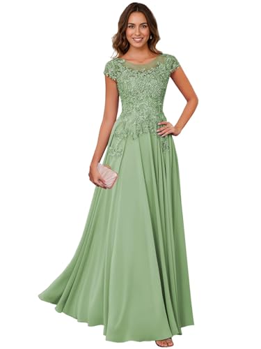 Image of Lace Applique Chiffon Mother of Bride Dresses - Short Sleeve Pleated Long Mother of The Groom Dress