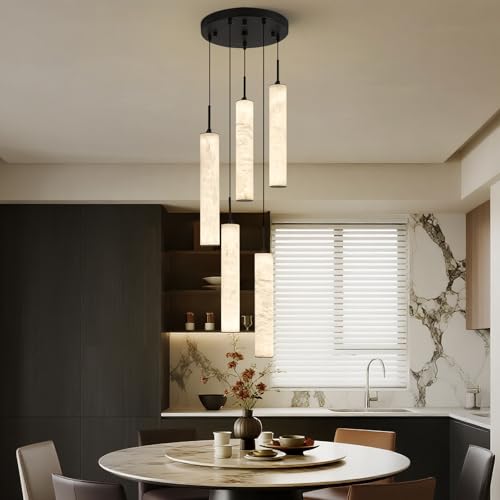Image of LMQNINE Natural Alabaster Pendant Lights for Kitchen Island White Marble Long Tube Chandelier 4000K Modern Black Ceiling Light Fixtures for Bedroom Dining Room Table Living Room Hallway(M-5Light)