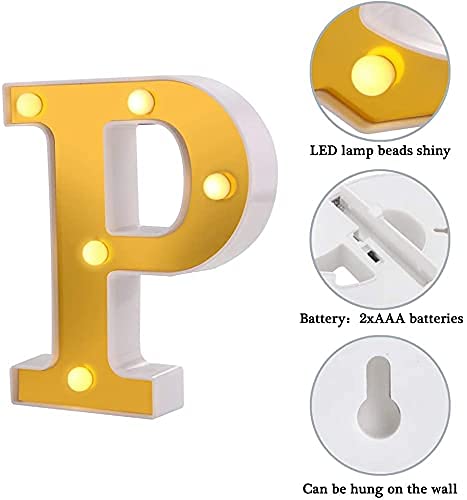 Image of SATYAM KRAFT 1 Piece Golden Marquee Alphabet Shaped LED Light - Decorative Letter Lamp for Valentine's Day, Bedroom, Wedding, Birthday, Home Decor, Romantic Gift Night and Wall Lamp (P)