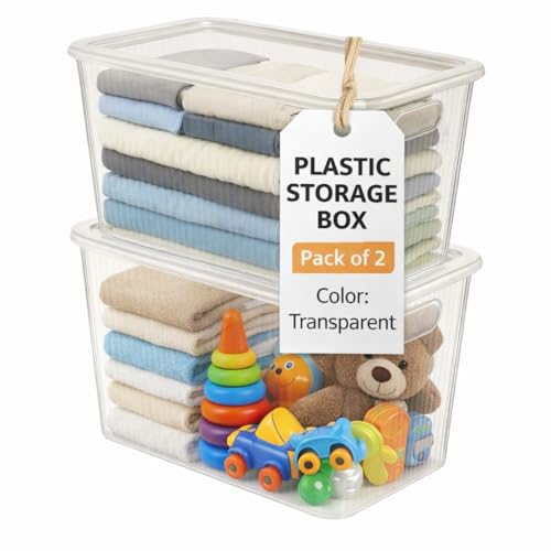 Image of Plastic Storage Box with Lid - Large Stackable Organizer Storage Box for Clothes, Toys, Kitchen - Big Size Plastic Storage Container Basket for Home, Office, Bathroom(Large,2pcs,Transparent)
