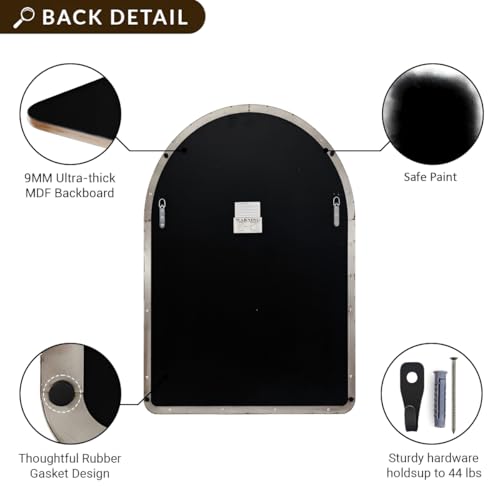 Image of ANDY STAR Arched Wall Mirror, 24 x 38 Inch Brushed Nickle Bathroom Mirror in Stainless Steel Metal Frame, Arch Top Rounded Corner 1 Inch Deep Set Design Wall Mount Hangs Vertical