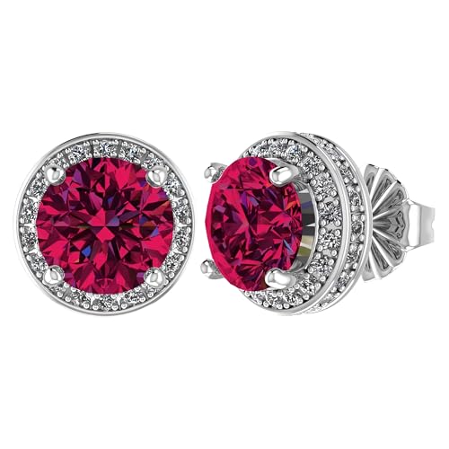 Round Halo Birthstone Stud Earrings 6.5mm Sterling Silver Pure Brilliance Zirconia & Simulated Gemstones