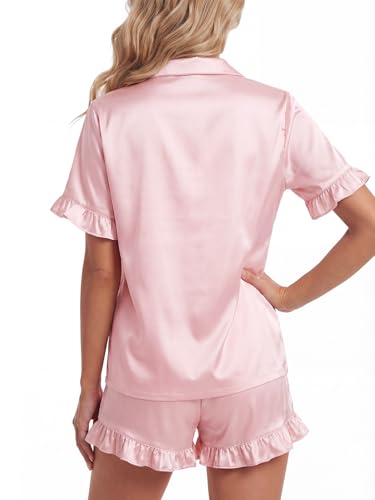 Image of Umenlele Women's 2 Piece Satin Pajama Set Cute Ruffle Short Sleeve Button Down Shirt with Shorts Summer Pjs