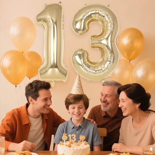 Image of Champagne Large Number 13 Balloon, 40 Inch Light Gold Foil Helium Number Balloons, Giant Mylar Number 13 Balloons for 13 Years Old Birthday Party Anniversary Decorations (Champagne Gold 13)